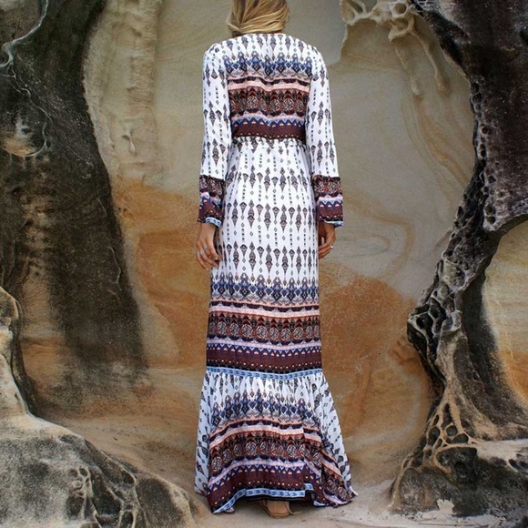 White gypsy Boho print wrap maxi dress cover up - Picture 4 of 4